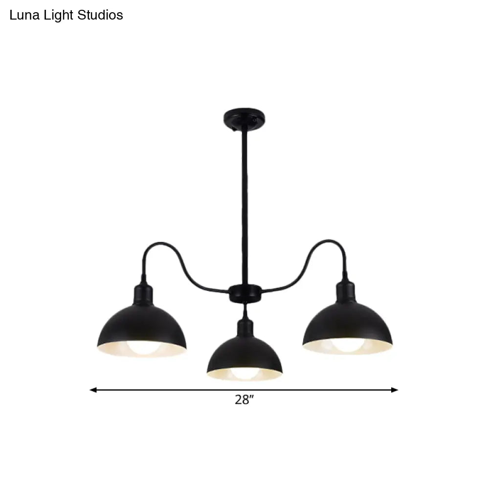 Black Finish 3-Head Chandelier Pendant With Retro Style Dome Shade - Ideal For Dining Room