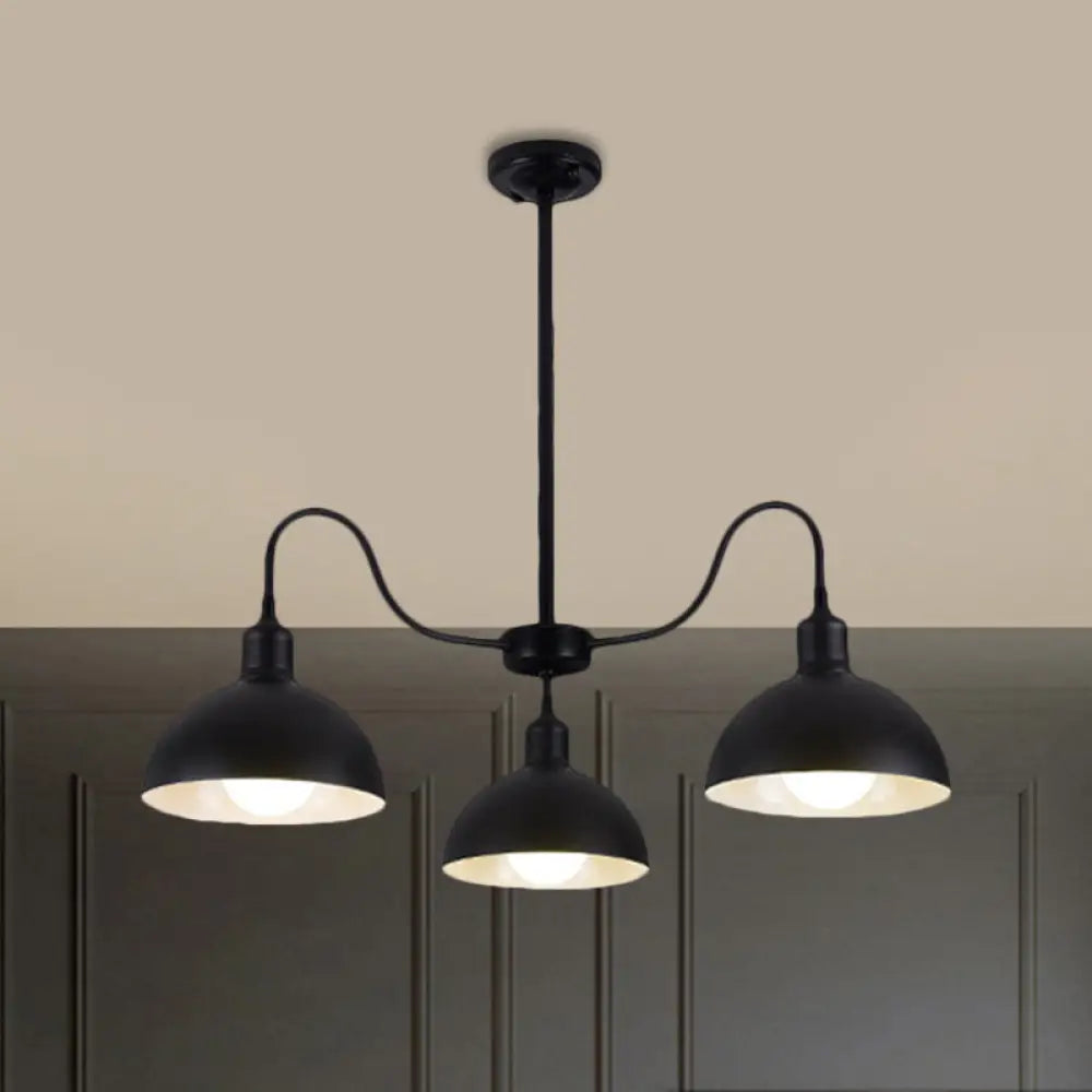 Black Finish 3-Head Chandelier Pendant With Retro Style Dome Shade - Ideal For Dining Room