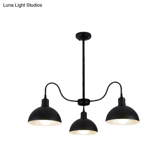 Black Finish 3-Head Chandelier Pendant With Retro Style Dome Shade - Ideal For Dining Room