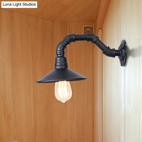 Black Finish Industrial Wall Light With Curved Pipe And Saucer Shade