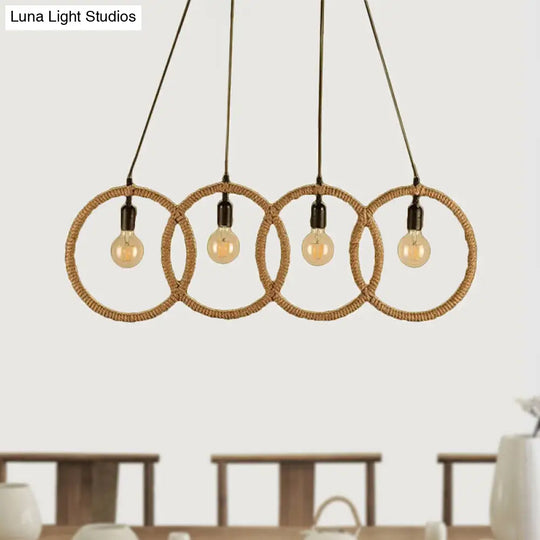 Manila Rope Lodge Style Black Finish 4-Ring Ceiling Pendant With 4 Lights For Coffee Shop