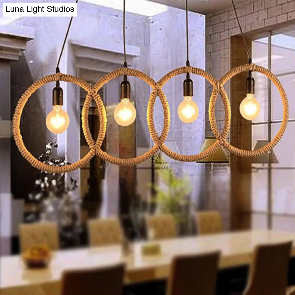 Manila Rope Lodge Style Black Finish 4-Ring Ceiling Pendant With 4 Lights For Coffee Shop