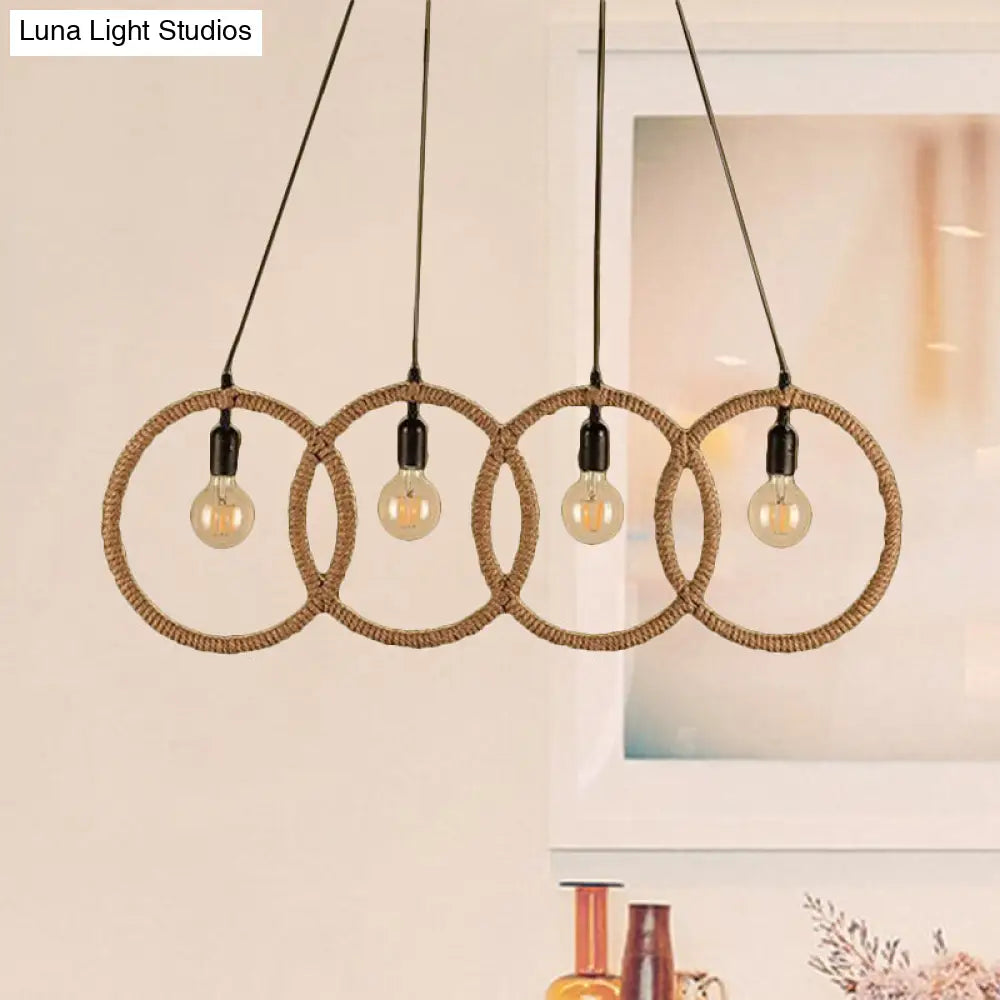 Manila Rope Lodge Style Black Finish 4-Ring Ceiling Pendant With 4 Lights For Coffee Shop