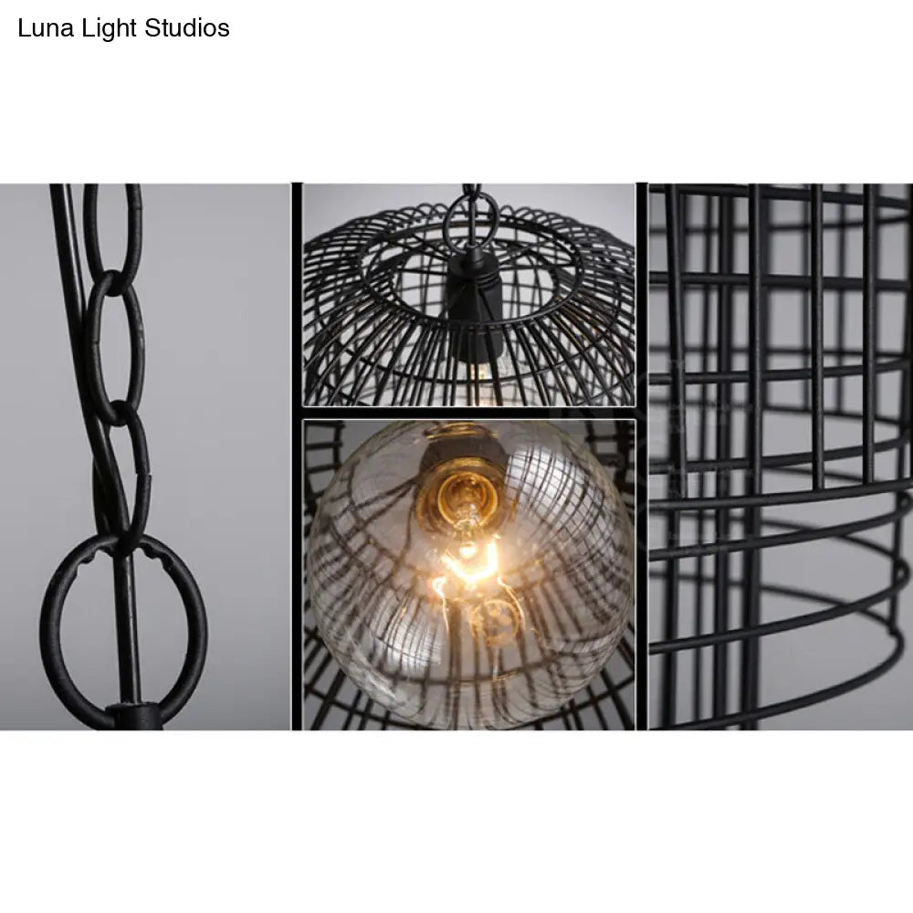 Black Industrial Caged Pendant Lamp - 1 Head Wrought Iron Ceiling Light + Chain