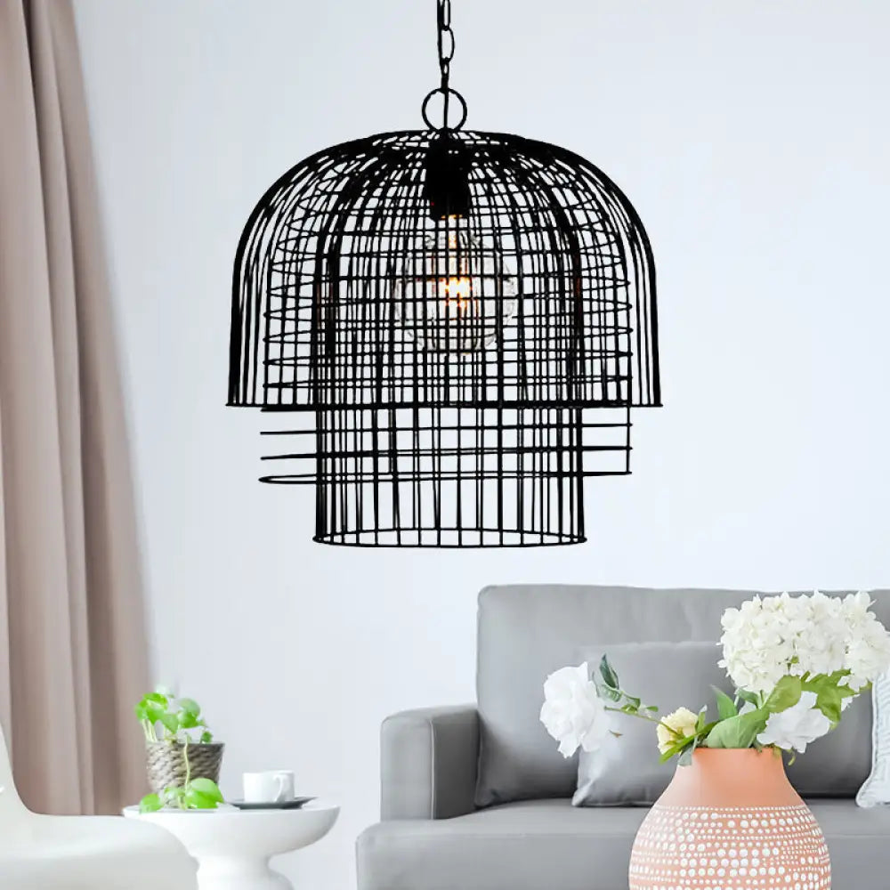 Black Finish Wrought Iron Pendant Lamp With Caged Head And Chain
