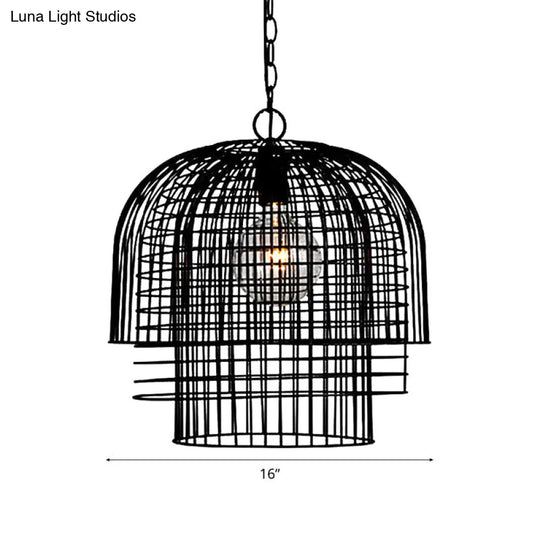 Black Industrial Caged Pendant Lamp - 1 Head Wrought Iron Ceiling Light + Chain