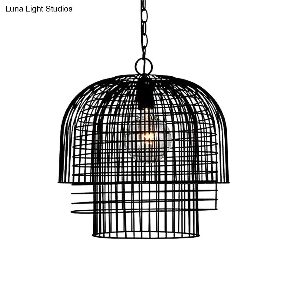 Black Industrial Caged Pendant Lamp - 1 Head Wrought Iron Ceiling Light + Chain