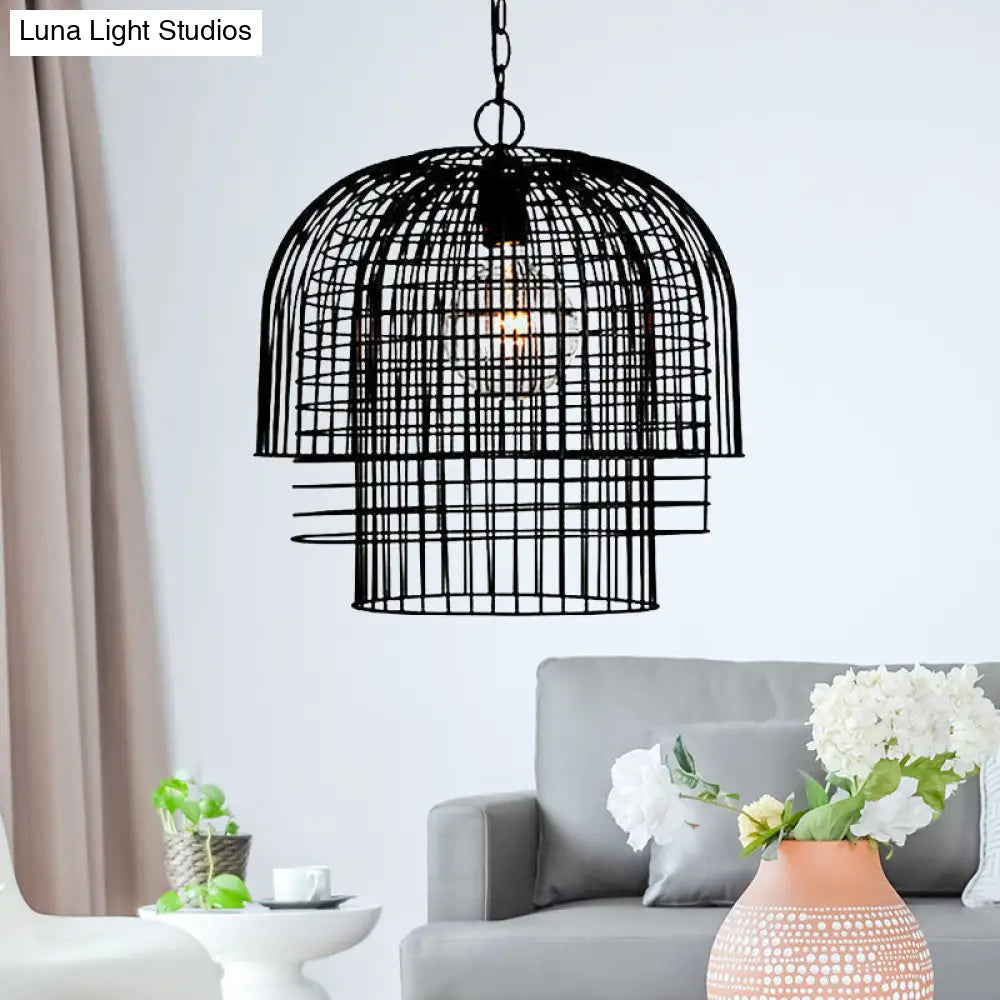 Black Industrial Caged Pendant Lamp - 1 Head Wrought Iron Ceiling Light + Chain