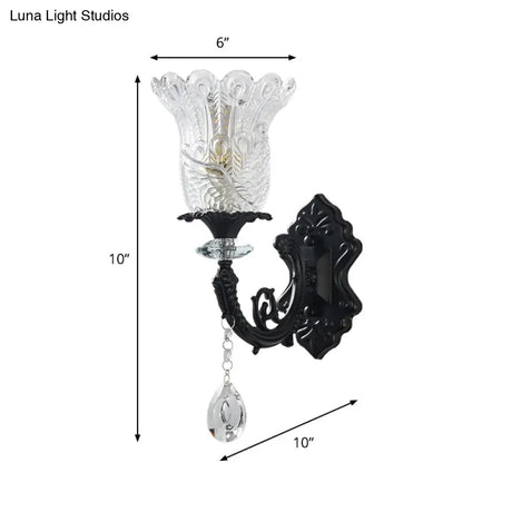 Black Flower Wall Lamp With Clear Crystal Glass Shade & Minimalist Design
