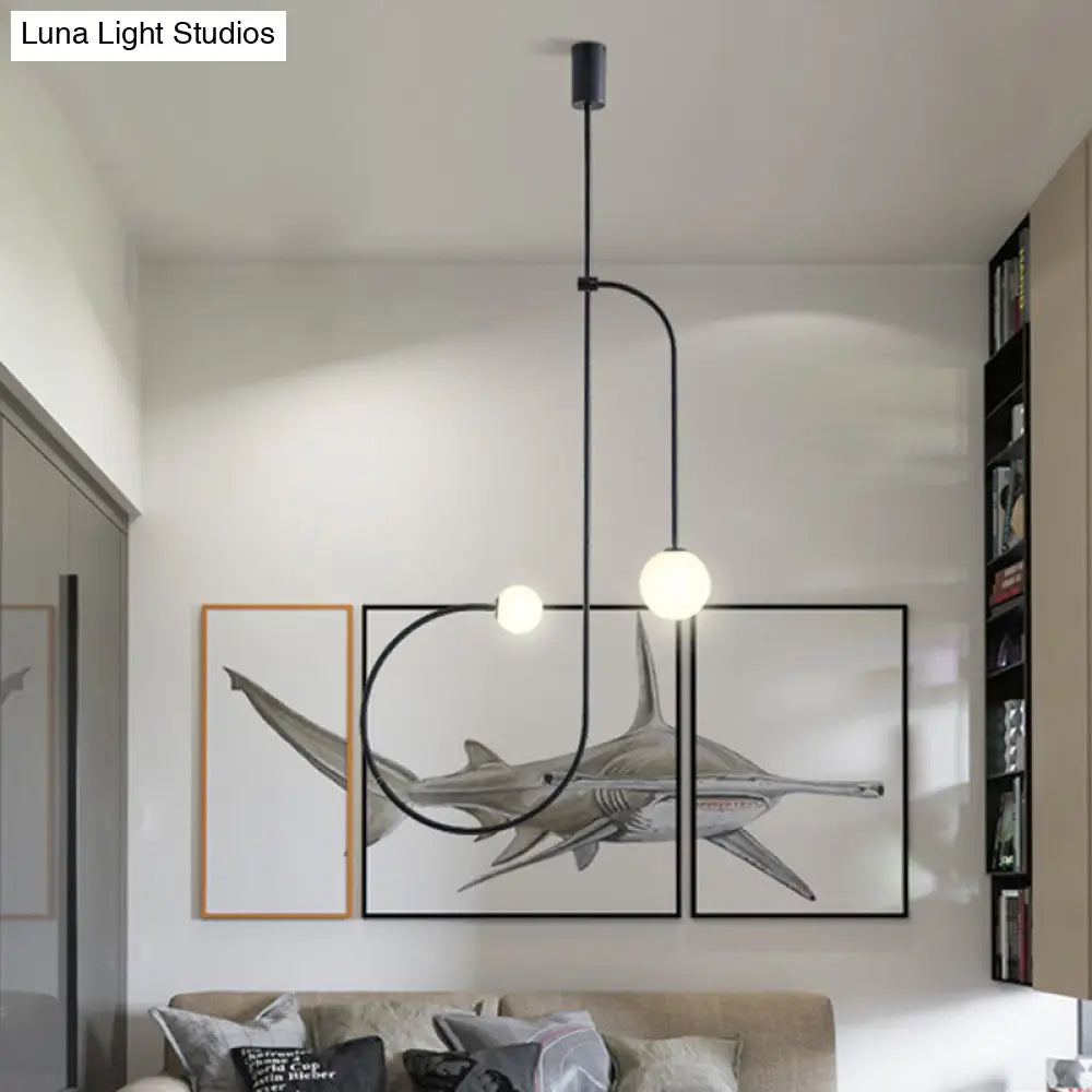 Opal Glass Modo Pendant Chandelier With Led - 2 Bulbs Curved Arm Frosted Black Finish