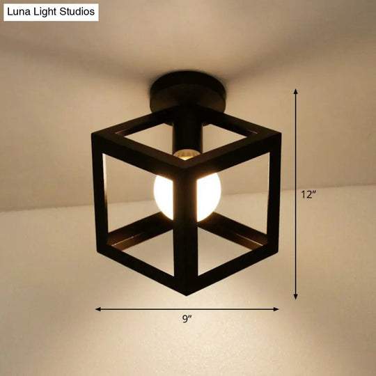 Black Geometric Semi - Flush Mount Ceiling Light With Metallic Antique Finish And Single Bulb For
