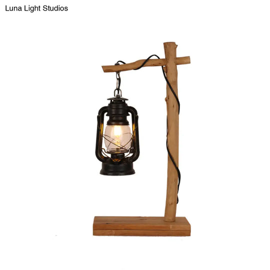 Black Glass Kerosene Nightstand Table Light With Wood Cross Stand