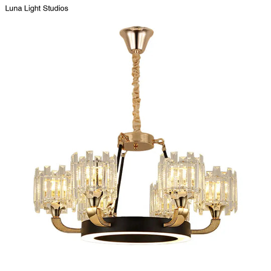 Black & Gold 6-Bulb Pendant Chandelier - Traditional Crystal Cylinder Shade Ceiling Light