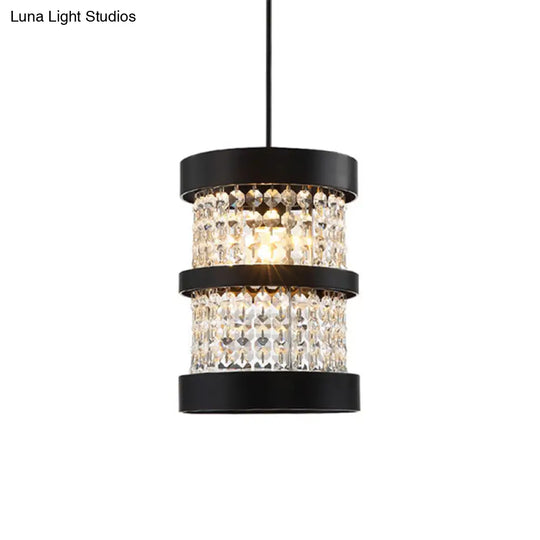 Black/Gold Cylinder Pendant Light: Modern Metal Ceiling Fixture With Crystal Beaded Strand