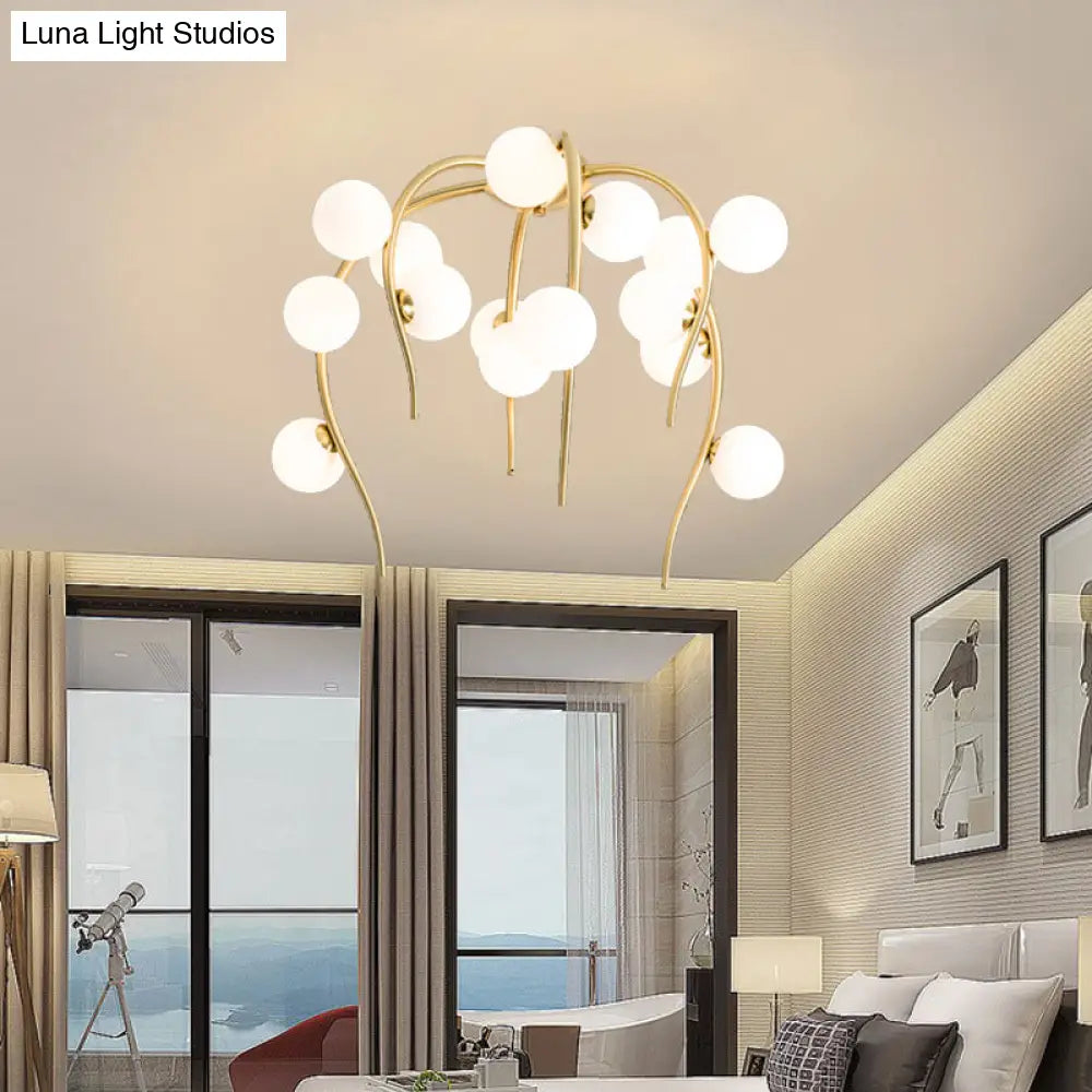 Black/Gold Flush Lamp With Milk White Glass And Weeping Branch Design - 15/20 Lights Ceiling Mount