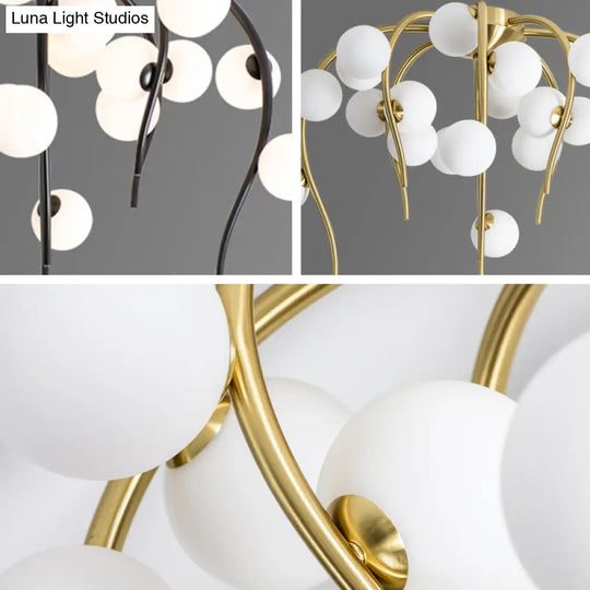 Black/Gold Flush Lamp With Milk White Glass And Weeping Branch Design - 15/20 Lights Ceiling Mount