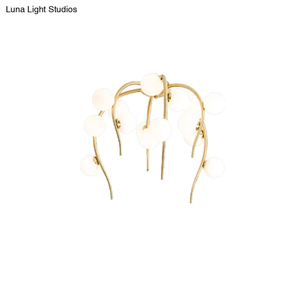 Black/Gold Flush Lamp With Milk White Glass And Weeping Branch Design - 15/20 Lights Ceiling Mount