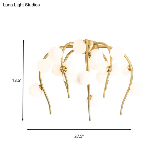 Black/Gold Flush Lamp With Milk White Glass And Weeping Branch Design - 15/20 Lights Ceiling Mount