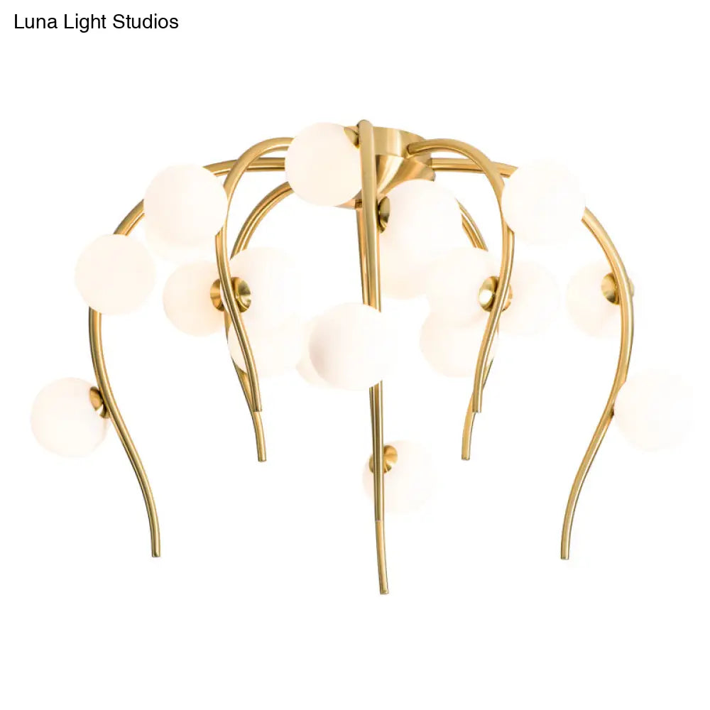 Black/Gold Flush Lamp With Milk White Glass And Weeping Branch Design - 15/20 Lights Ceiling Mount