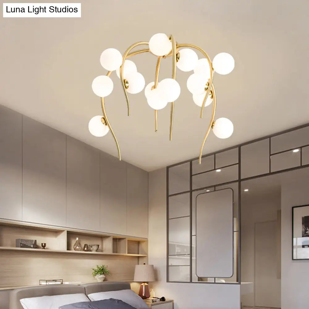 Black/Gold Flush Lamp With Milk White Glass And Weeping Branch Design - 15/20 Lights Ceiling Mount