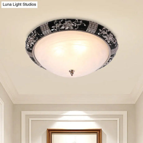 Black - Gold Semi - Orb Flush Mount Lamp With Satin Glass Shade For Hallway