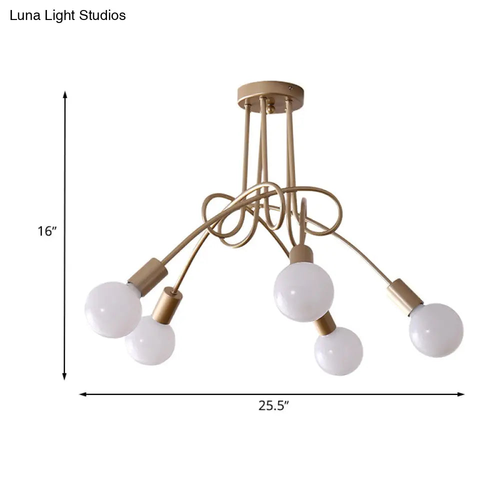 Black/Gold Twisted Industrial Semi Flush Mount Kitchen Ceiling Light With Open Bulb - 3/5/6-Light