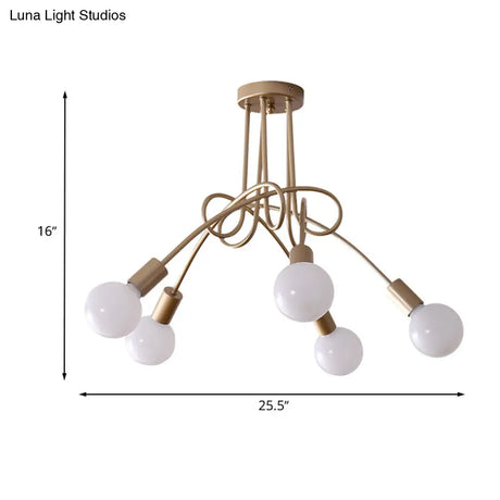 Black/Gold Twisted Industrial Semi Flush Mount Kitchen Ceiling Light With Open Bulb - 3/5/6-Light