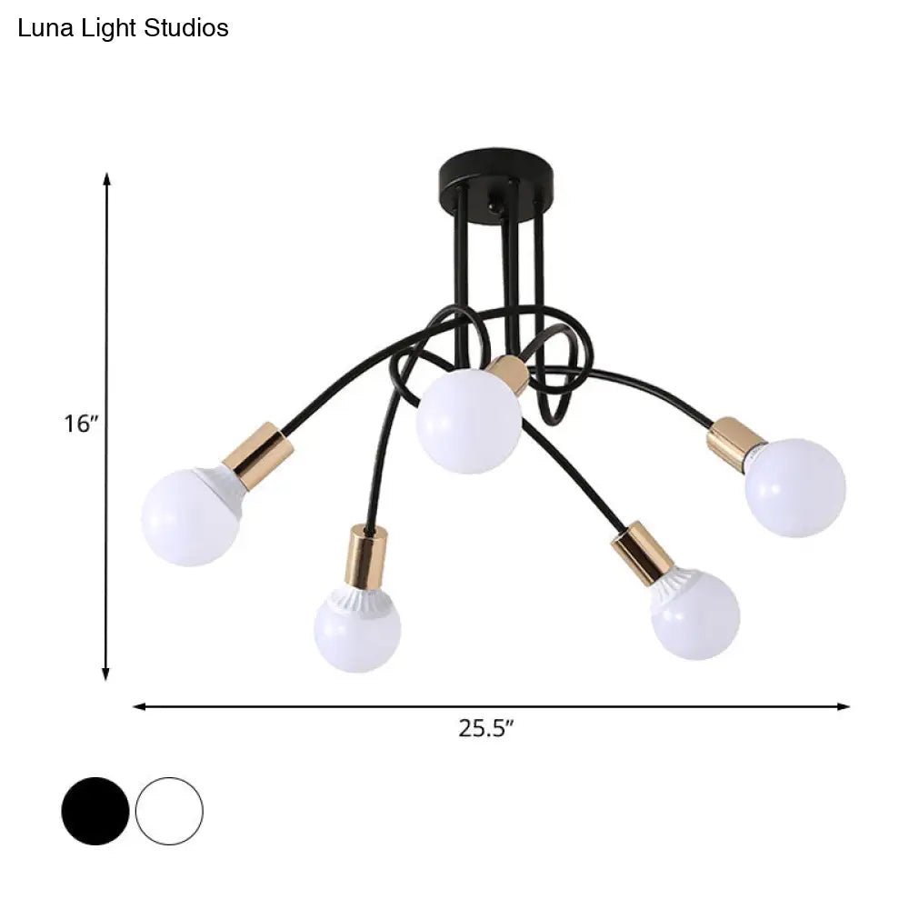 Black/Gold Twisted Industrial Semi Flush Mount Kitchen Ceiling Light With Open Bulb - 3/5/6-Light