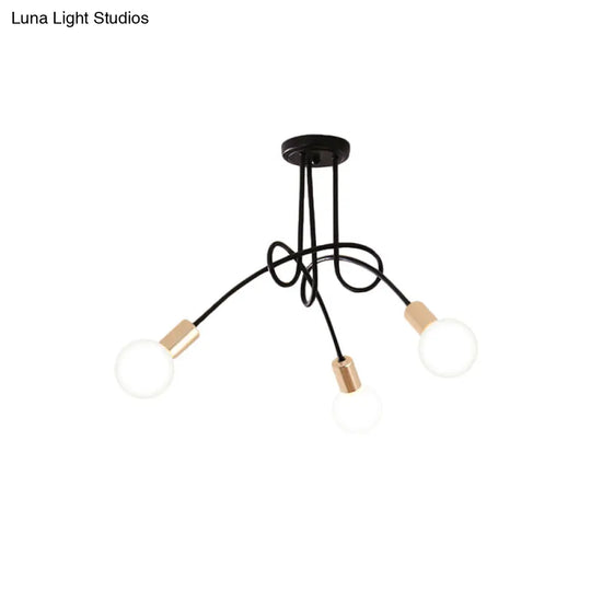 Black/Gold Twisted Industrial Semi Flush Mount Kitchen Ceiling Light With Open Bulb - 3/5/6-Light