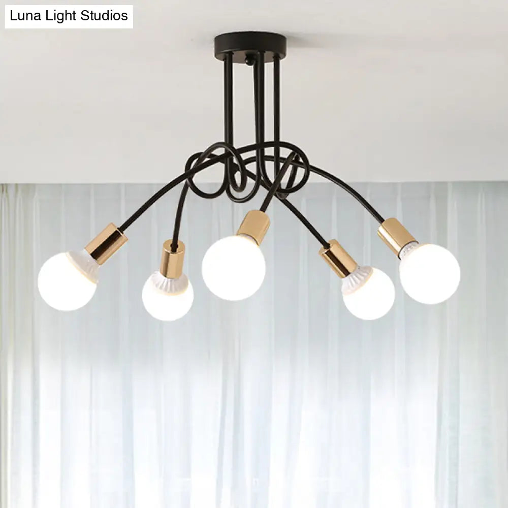 Black/Gold Twisted Industrial Semi Flush Mount Kitchen Ceiling Light With Open Bulb - 3/5/6-Light