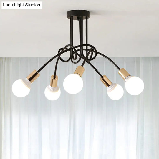Black/Gold Twisted Industrial Semi Flush Mount Kitchen Ceiling Light With Open Bulb - 3/5/6-Light