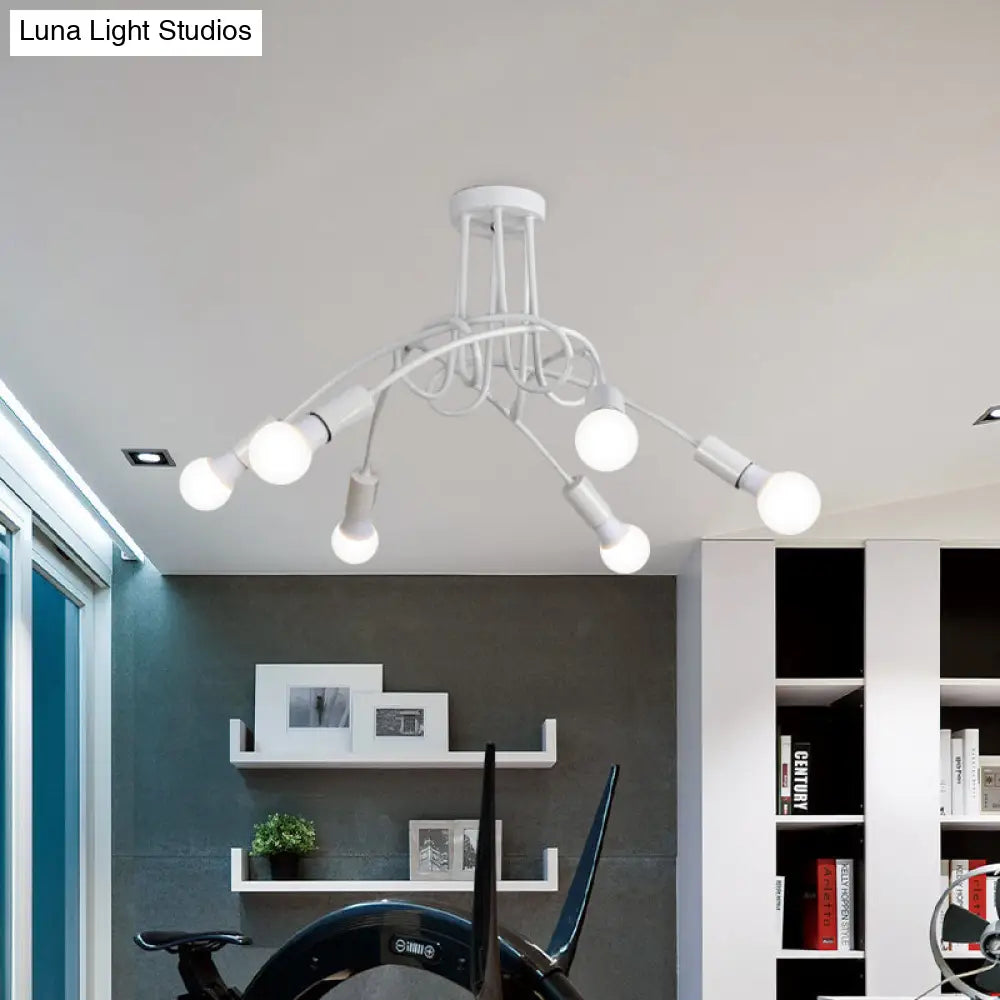 Black/Gold Twisted Industrial Semi Flush Mount Kitchen Ceiling Light With Open Bulb - 3/5/6-Light