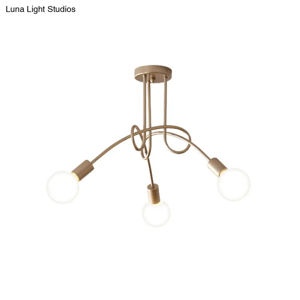 Black/Gold Twisted Industrial Semi Flush Mount Kitchen Ceiling Light With Open Bulb - 3/5/6-Light