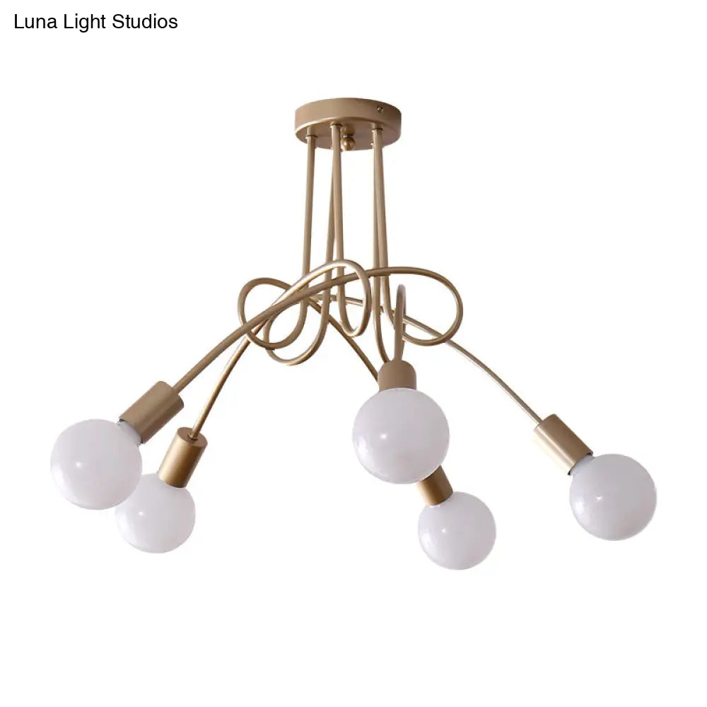 Black/Gold Twisted Industrial Semi Flush Mount Kitchen Ceiling Light With Open Bulb - 3/5/6-Light