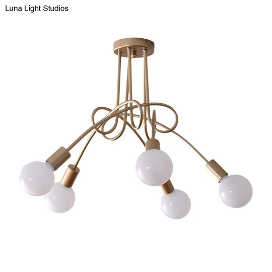 Black/Gold Twisted Industrial Semi Flush Mount Kitchen Ceiling Light With Open Bulb - 3/5/6-Light
