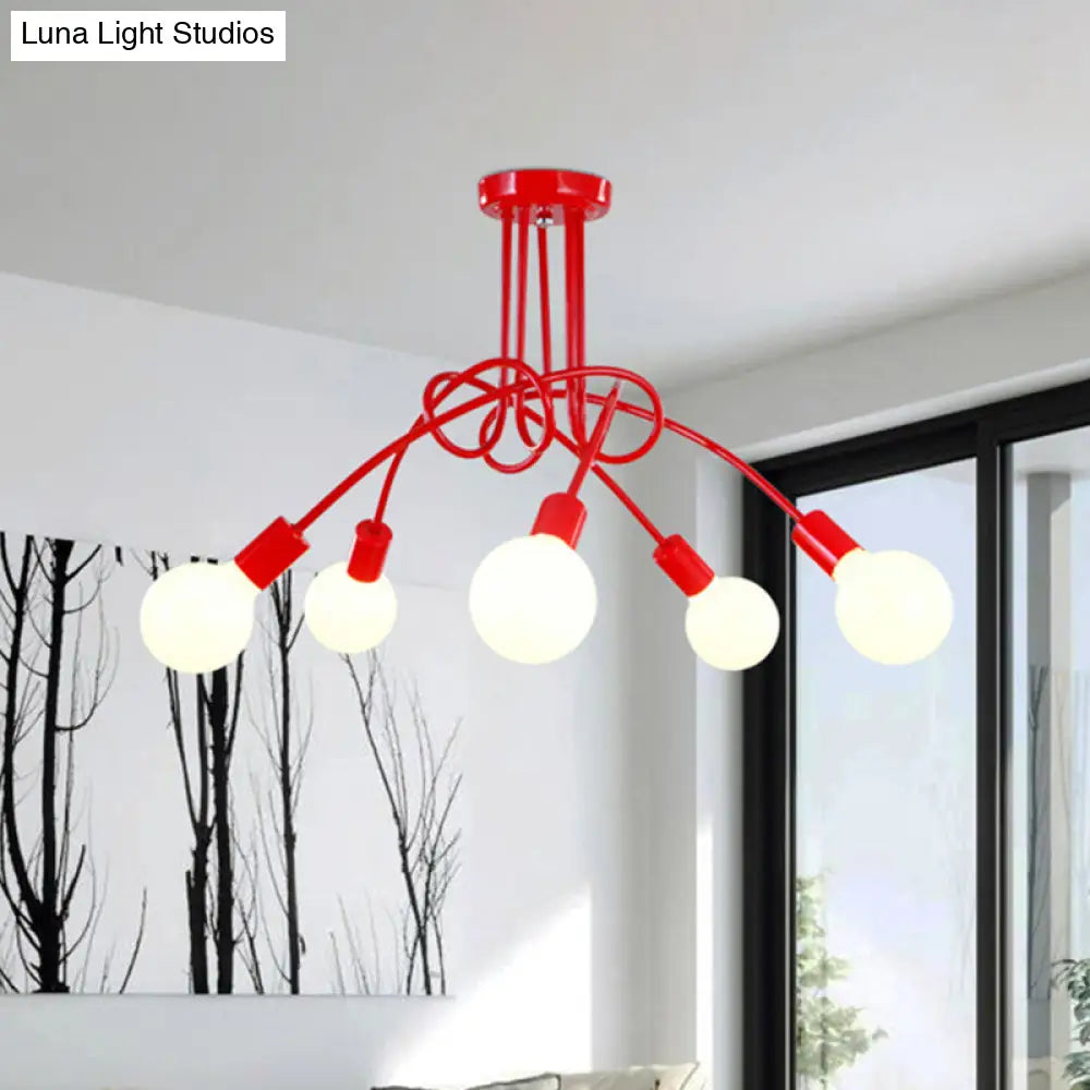 Black/Gold Twisted Industrial Semi Flush Mount Kitchen Ceiling Light With Open Bulb - 3/5/6-Light