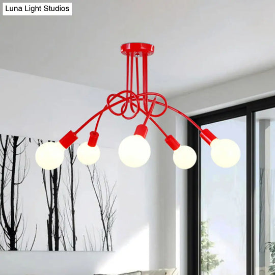 Black/Gold Twisted Industrial Semi Flush Mount Kitchen Ceiling Light With Open Bulb - 3/5/6-Light