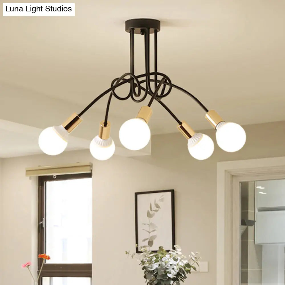 Black/Gold Twisted Industrial Semi Flush Mount Kitchen Ceiling Light With Open Bulb - 3/5/6-Light