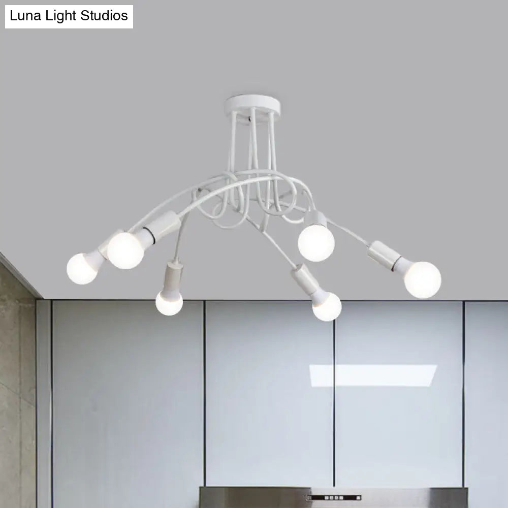 Black/Gold Twisted Industrial Semi Flush Mount Kitchen Ceiling Light With Open Bulb - 3/5/6-Light