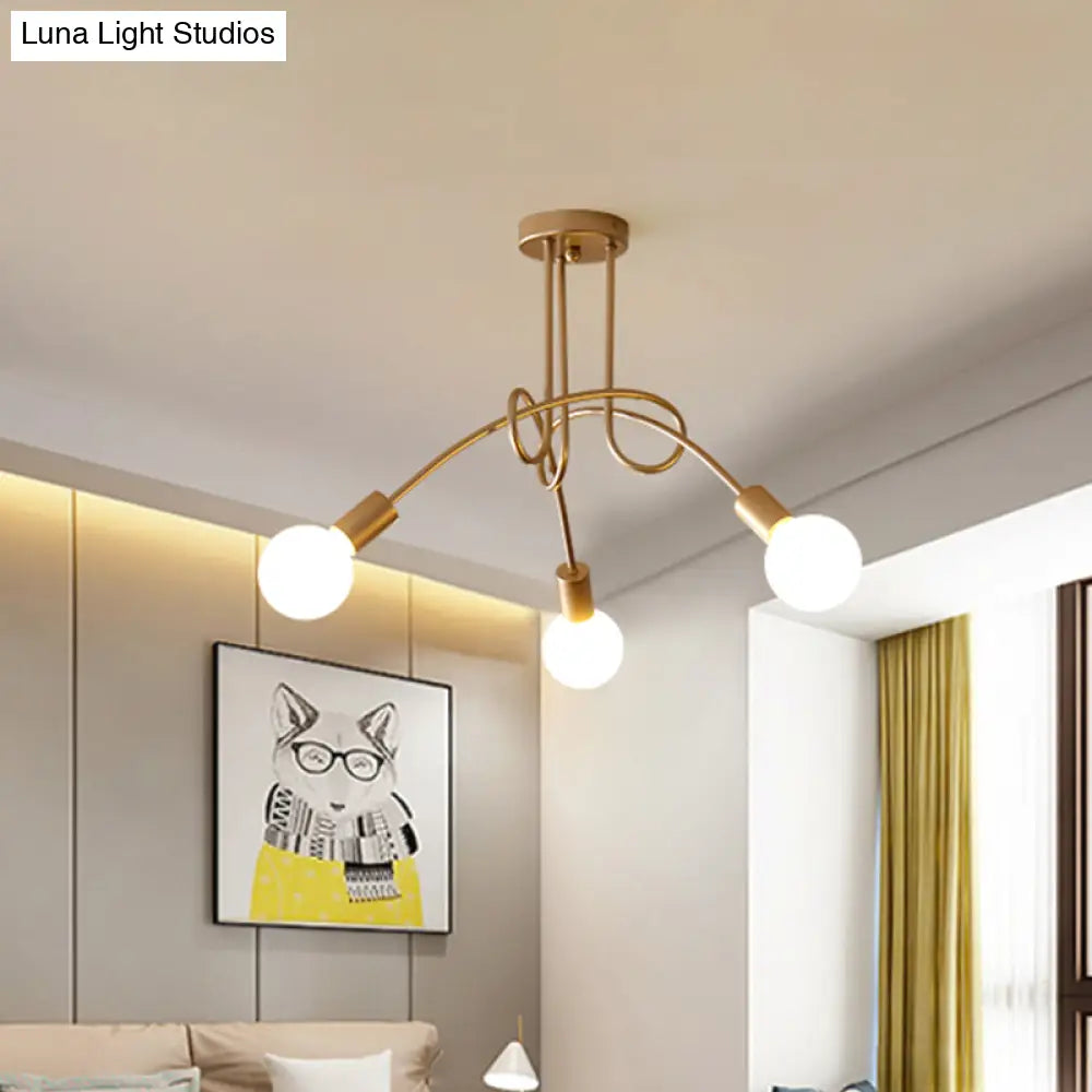Black/Gold Twisted Industrial Semi Flush Mount Kitchen Ceiling Light With Open Bulb - 3/5/6-Light