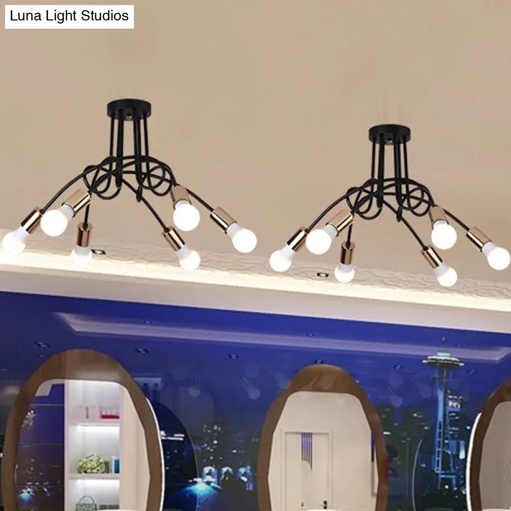 Black/Gold Twisted Industrial Semi Flush Mount Kitchen Ceiling Light With Open Bulb - 3/5/6-Light