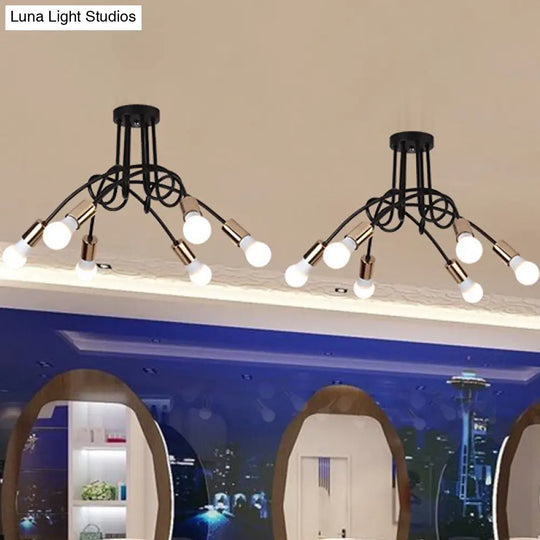 Black/Gold Twisted Industrial Semi Flush Mount Kitchen Ceiling Light With Open Bulb - 3/5/6-Light