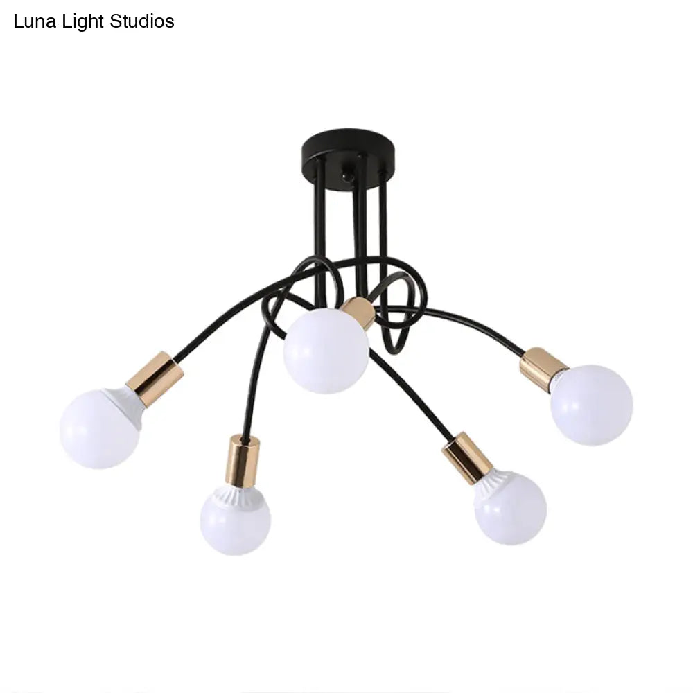 Black/Gold Twisted Industrial Semi Flush Mount Kitchen Ceiling Light With Open Bulb - 3/5/6-Light