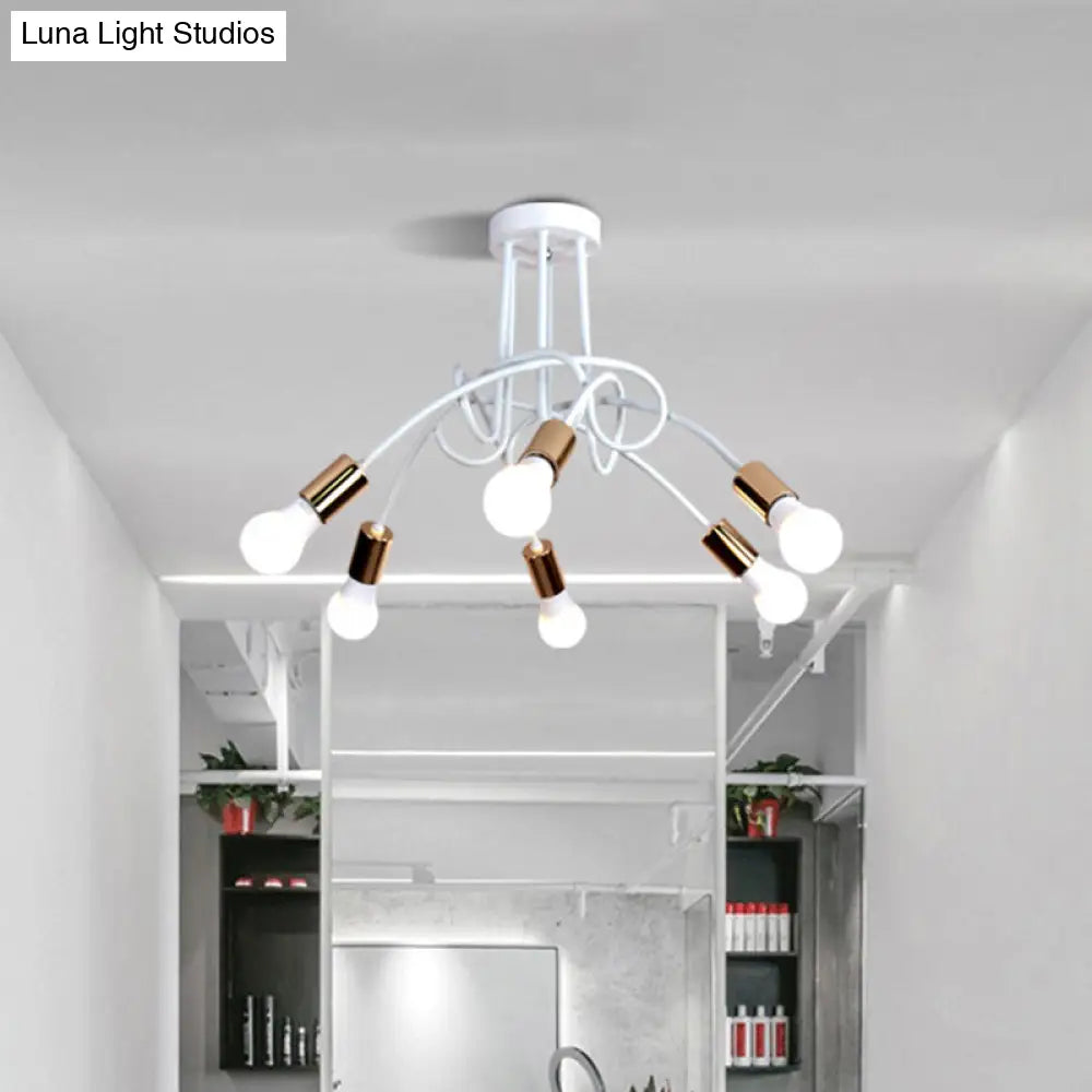 Black/Gold Twisted Industrial Semi Flush Mount Kitchen Ceiling Light With Open Bulb - 3/5/6-Light