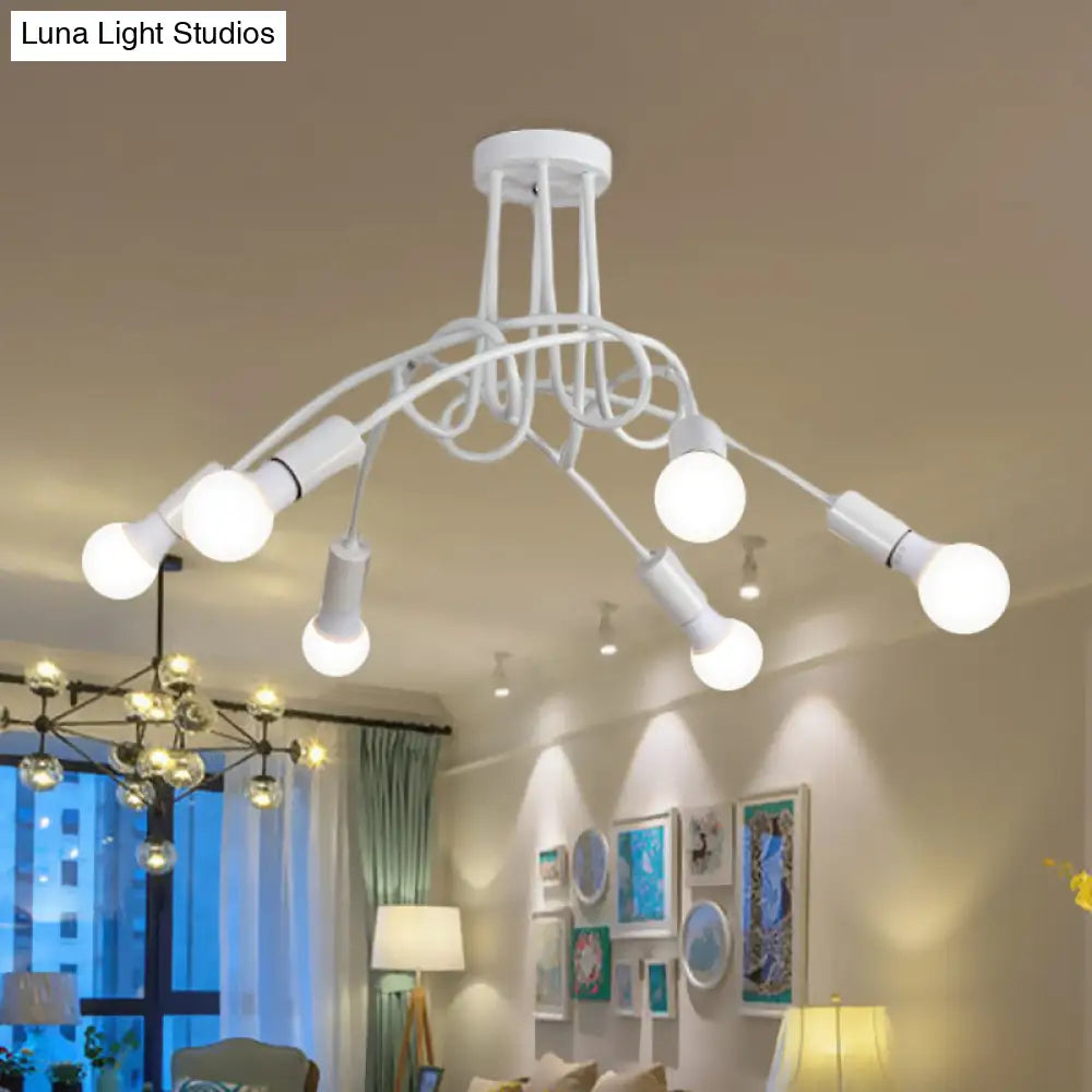 Black/Gold Twisted Industrial Semi Flush Mount Kitchen Ceiling Light With Open Bulb - 3/5/6-Light
