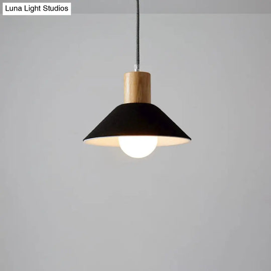 Felt Hanging Light Fixture - Black/Grey Conical Pendant With Wooden Cap For Dining Room