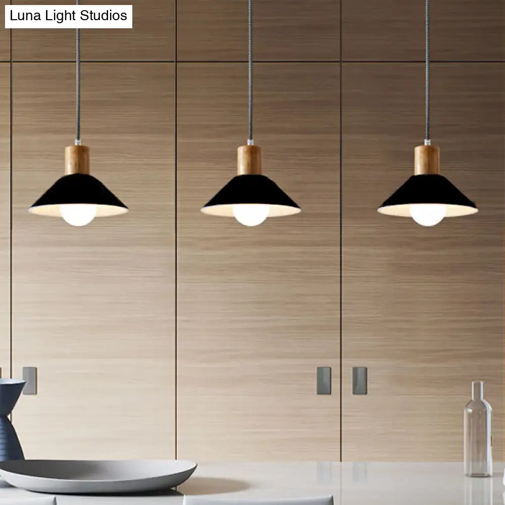 Felt Hanging Light Fixture - Black/Grey Conical Pendant With Wooden Cap For Dining Room Black
