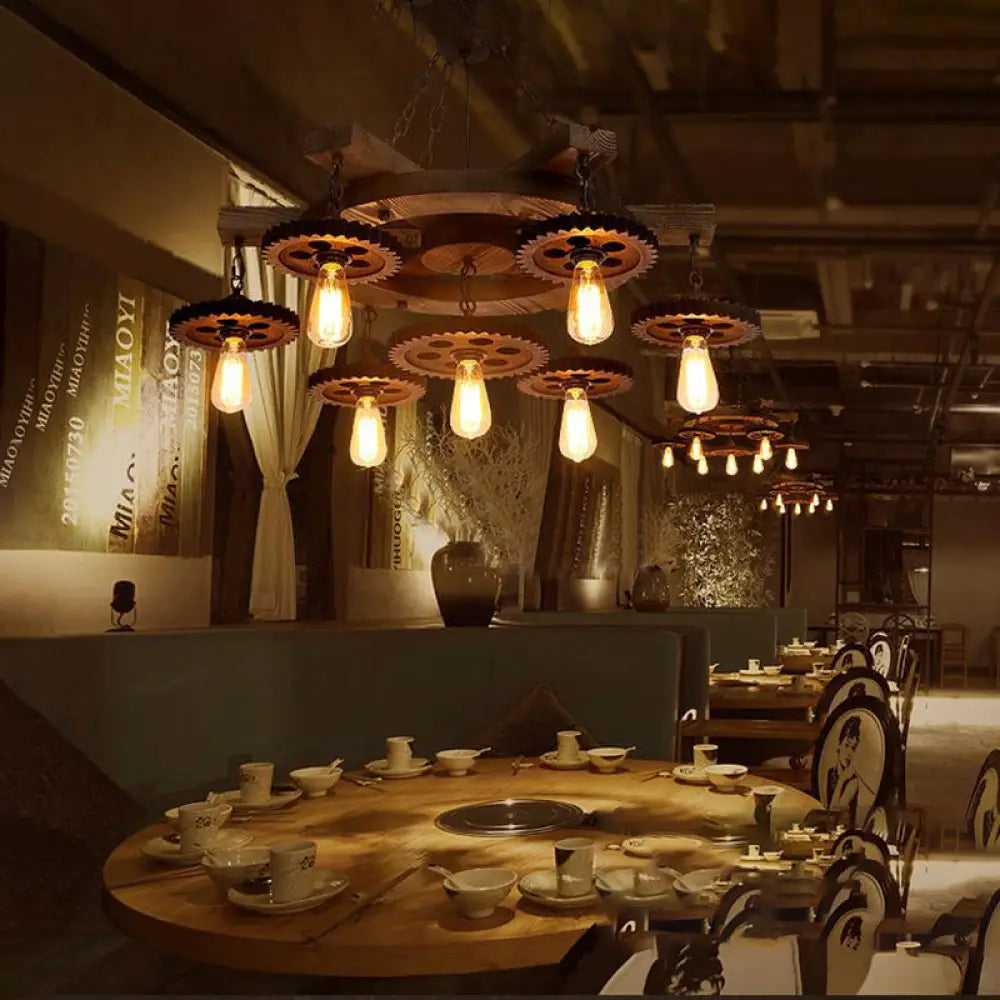 Black Industrial Chandelier: 3/7-Light Metal Gear Down Lighting With Wooden Shelf 7 /