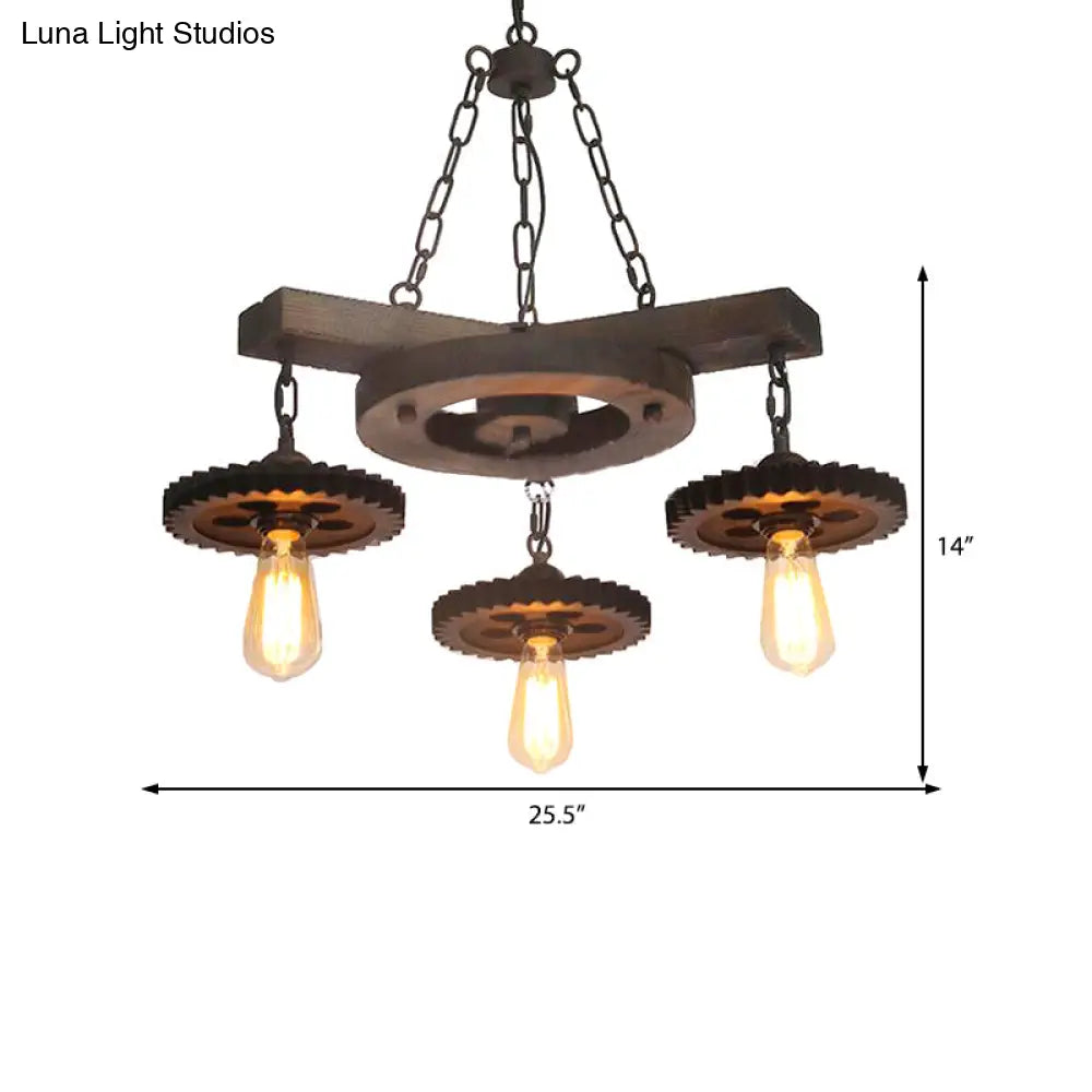 Black Industrial Chandelier: 3/7-Light Metal Gear Down Lighting With Wooden Shelf