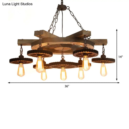 Industrial Black Chandelier With 3/7 Down Lights And Round Wood Shelf